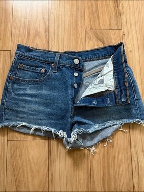 Levi's Dark Blue High-Rise Frayed Denim Shorts